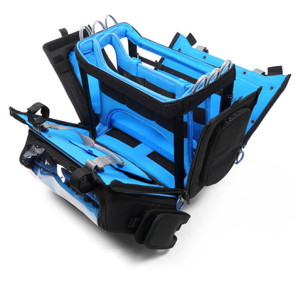 Blue and black audio mixer bag open with foam dividers and transparent lower pocket