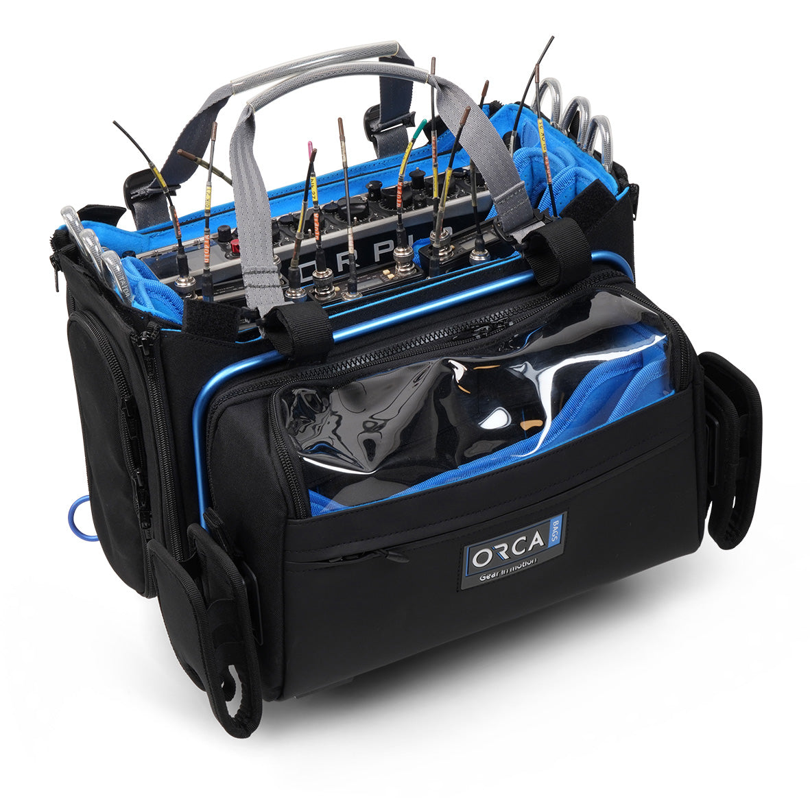 Black and blue audio mixer carry bag with transparent front pouch and ORCA logo