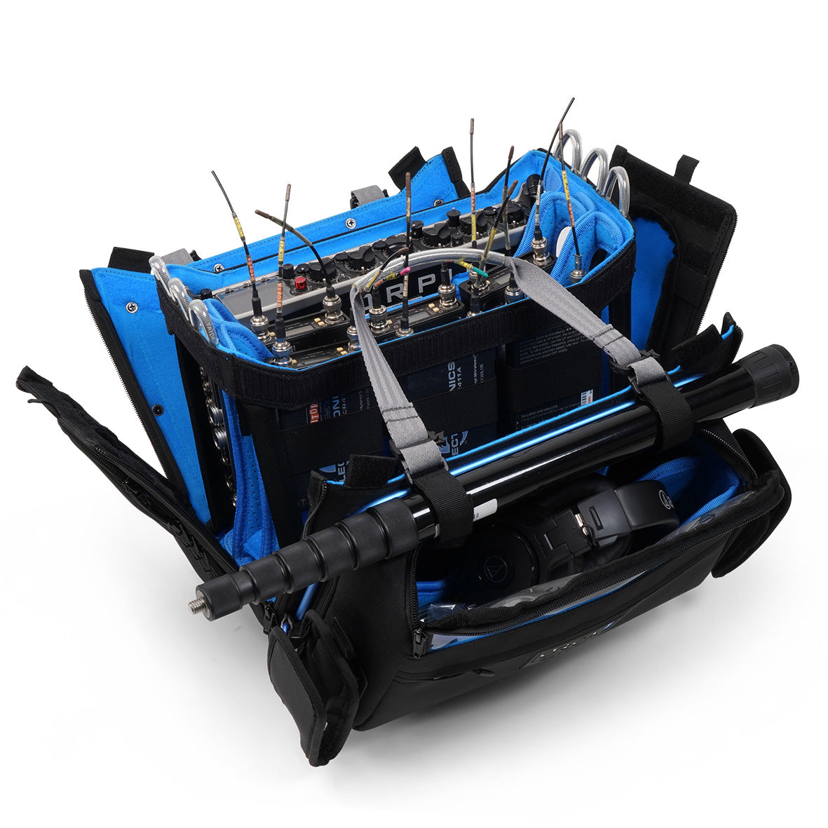 Blue and black audio mixer bag with open organizer, foam supports, and front handle bar