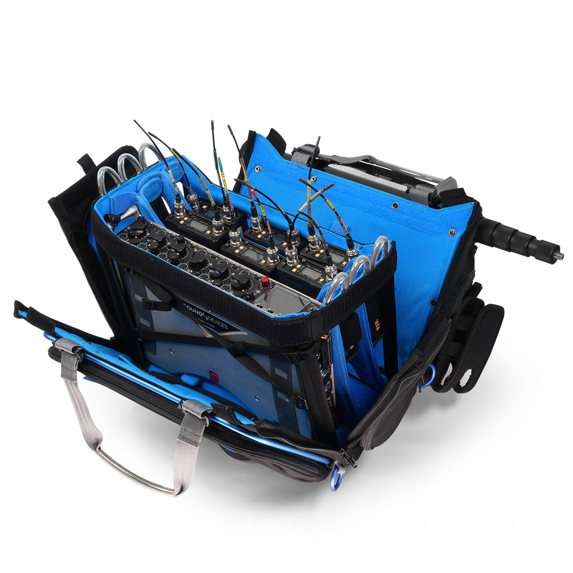 Blue and black audio mixer bag with open top, gear, and attached straps