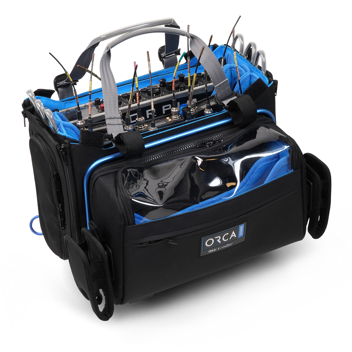Black and blue audio mixer carry bag with transparent front pocket and ORCA badge