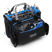 Black and blue audio mixer carry bag with transparent front pocket and ORCA badge