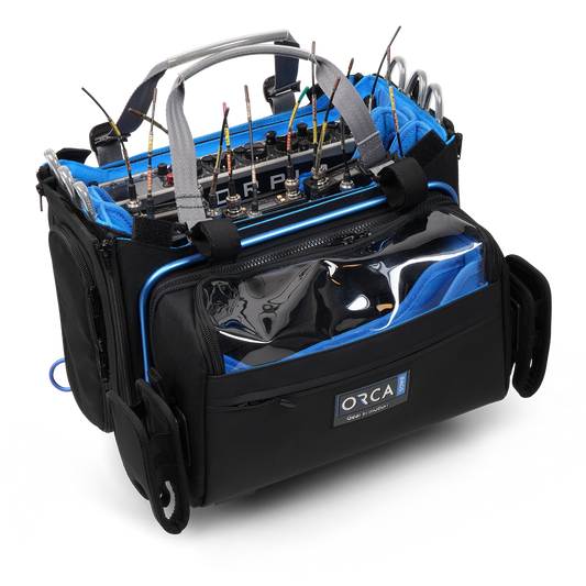 Black and blue audio mixer carry bag with transparent front pocket and ORCA badge