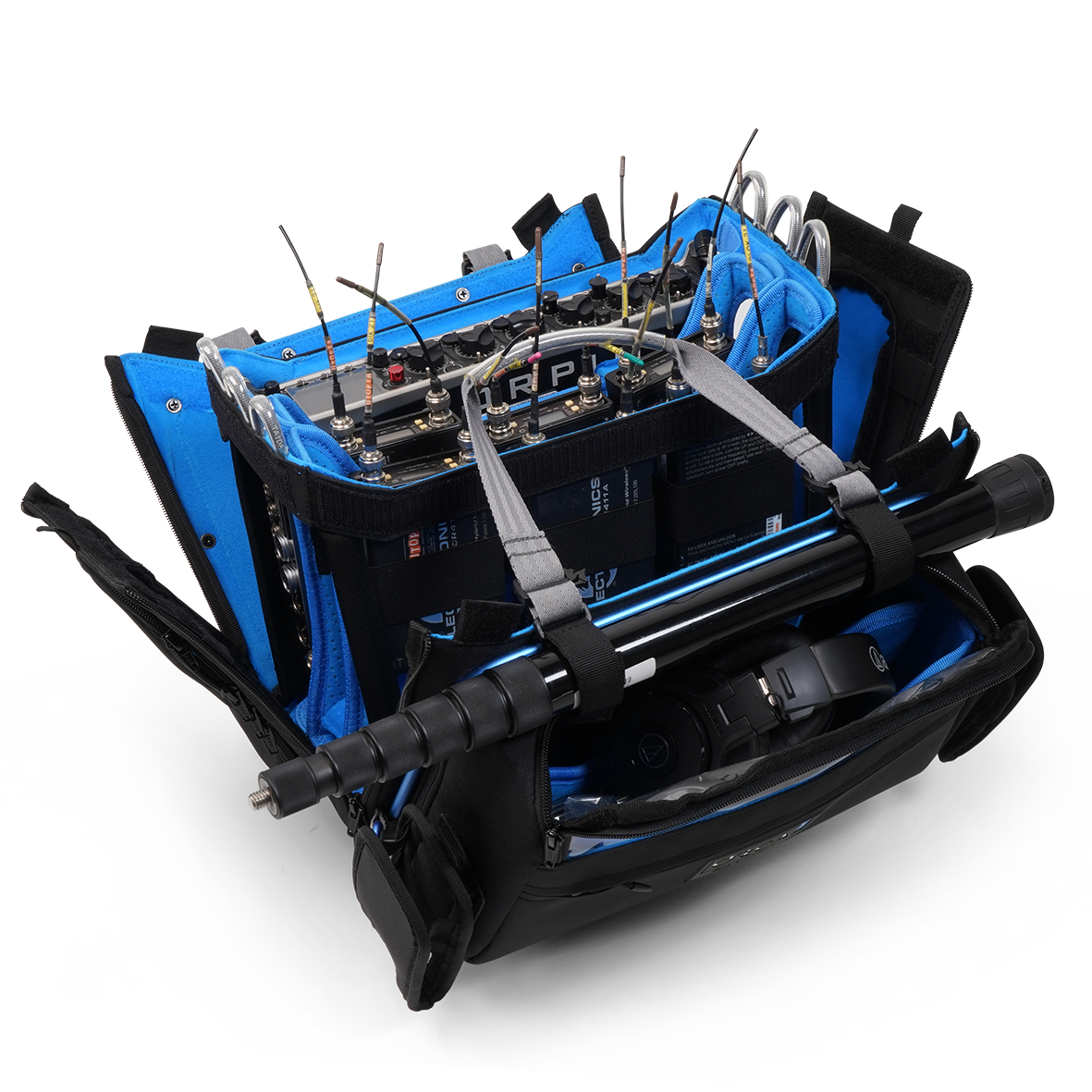 Black and blue audio mixer bag with device trays, foam dividers, and carry handles
