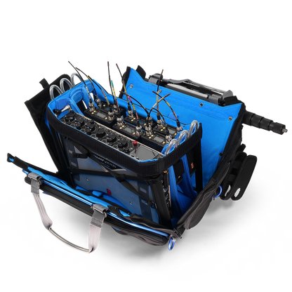 Blue and black audio mixer bag open to show multiple compartments and connectors