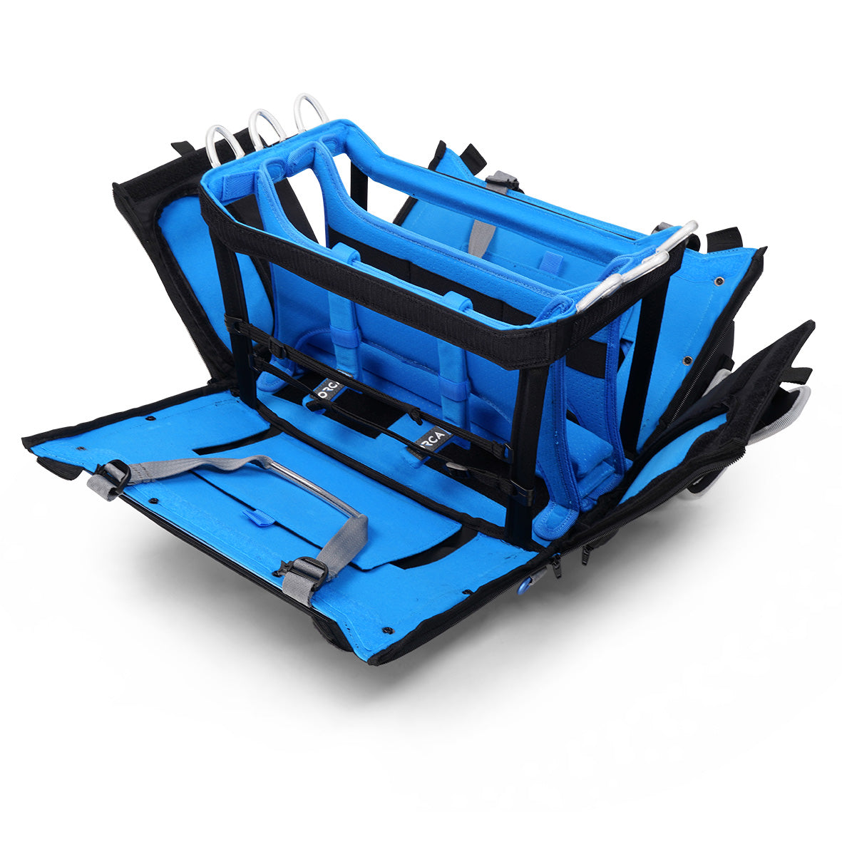 OR-334 audio mixer bag with blue padded rails, black fabric frame, and side carry straps