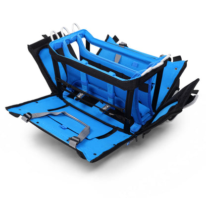 OR-334 audio mixer bag with blue padded rails, black fabric frame, and side carry straps