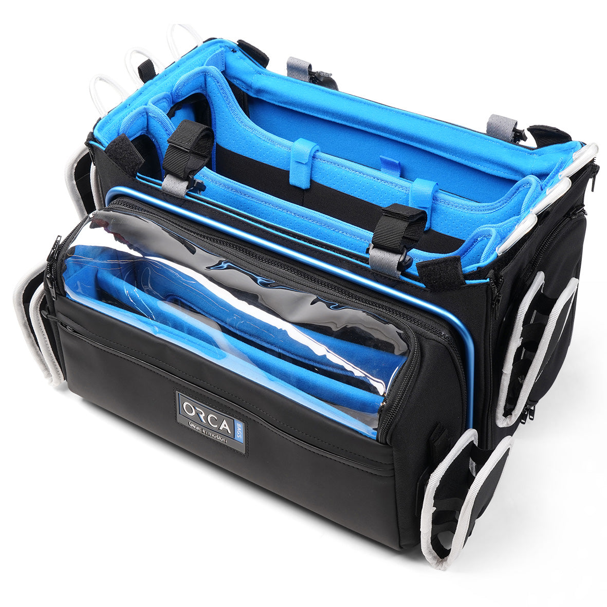 Premium audio mixer bag with black exterior and blue padded interior compartments