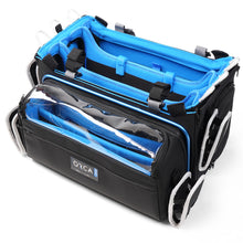 Premium audio mixer bag with black exterior and blue padded interior compartments