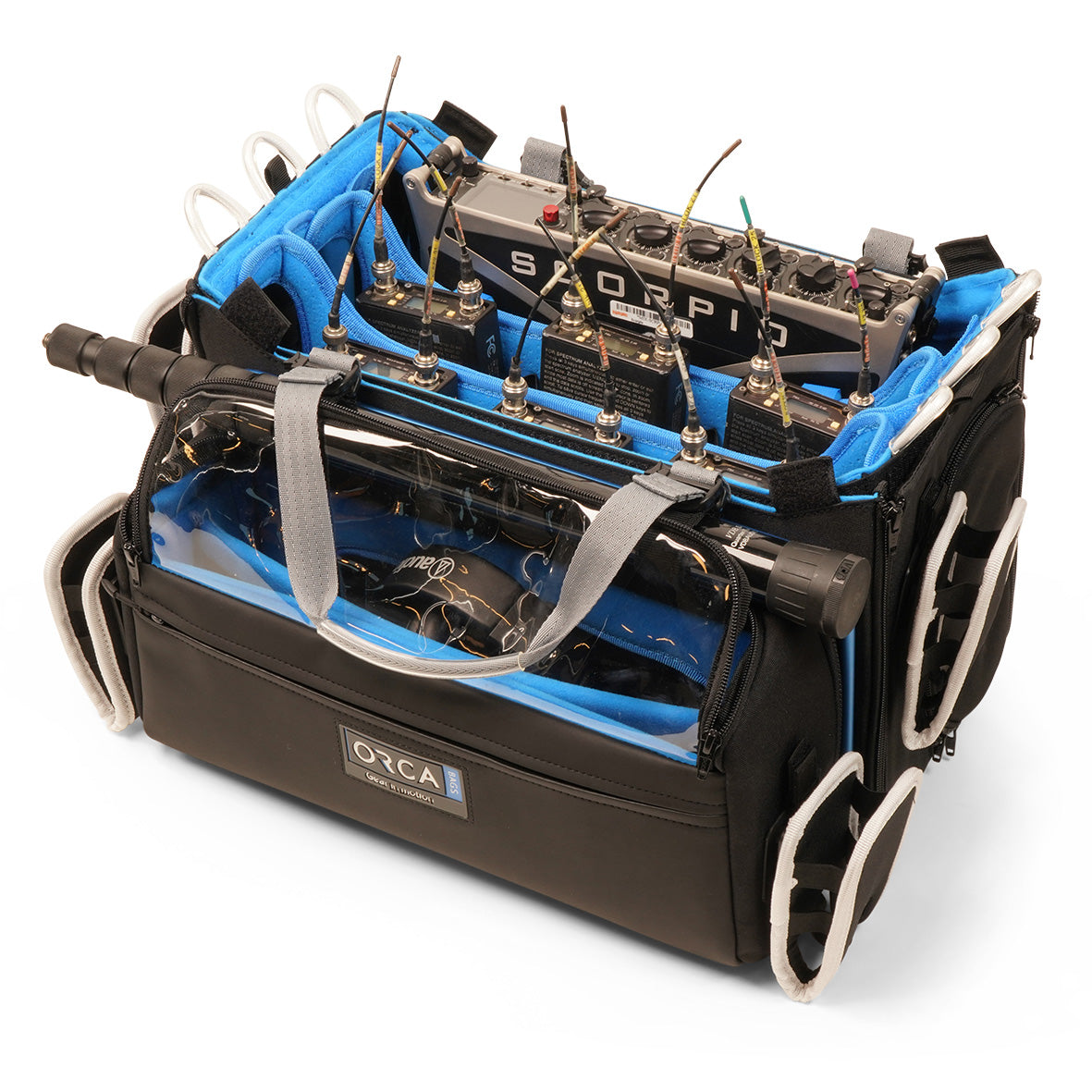 OR-334 audio mixer bag with black shell, blue interior, and clear front storage compartment