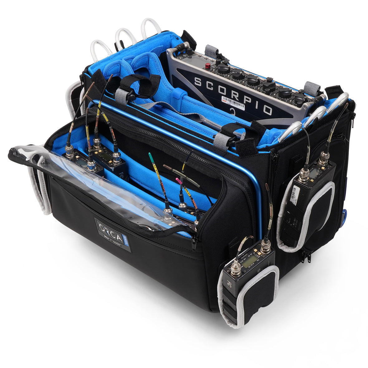 OR-334 audio mixer bag with blue padded top organizer and exposed mixer module controls