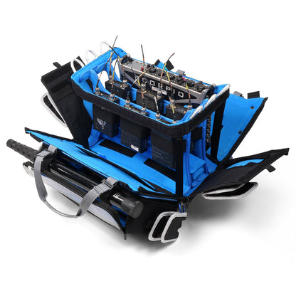 OR-334 audio mixer bag folded open, showing blue compartments and bundled panel controls
