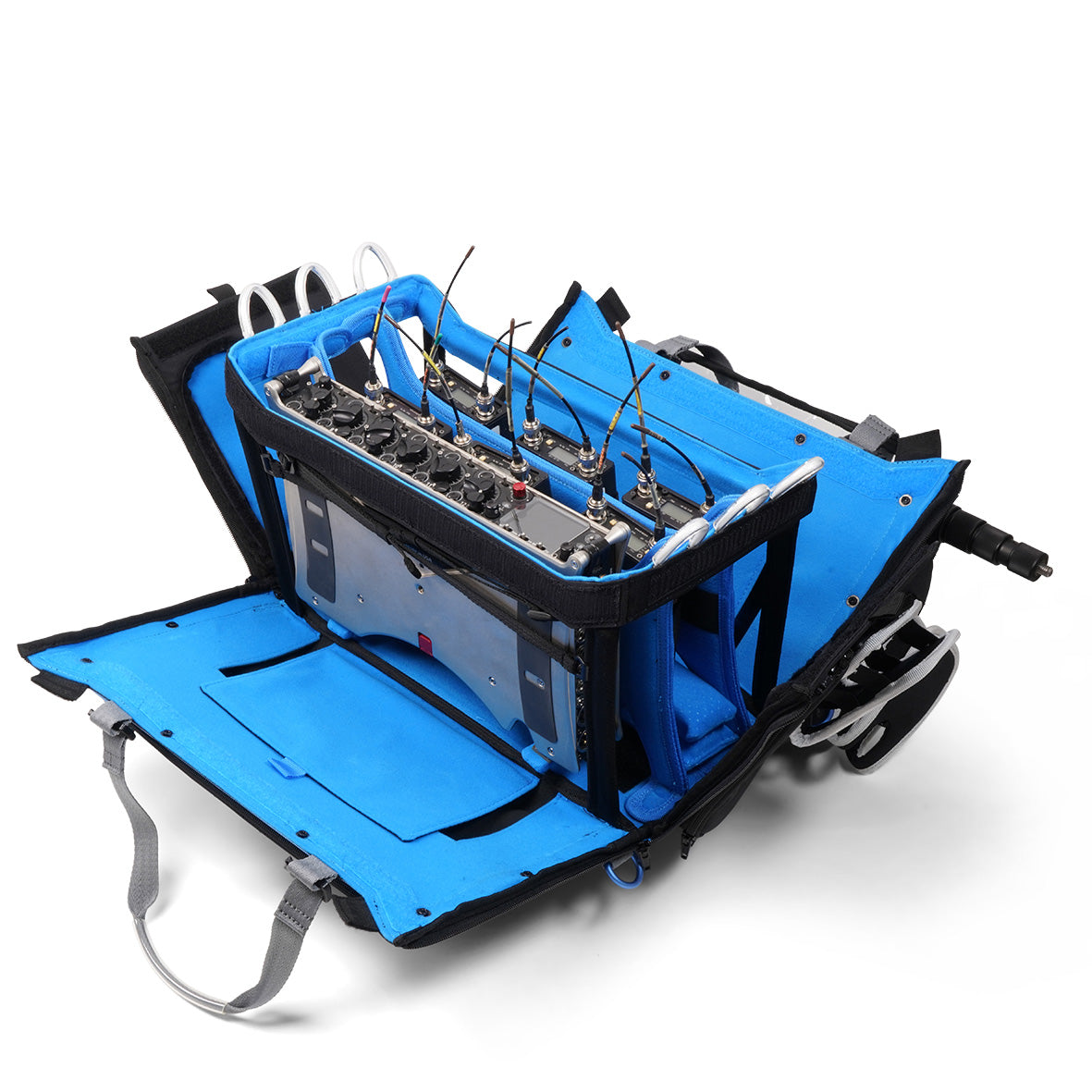 OR-334 audio mixer bag opened flat with blue lining and organized mixer bays