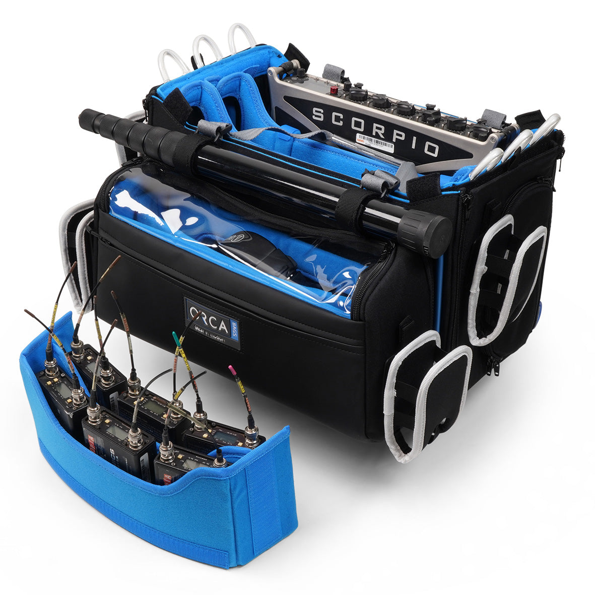 OR-334 audio mixer bag with blue front panel, black exterior, and long padded sections