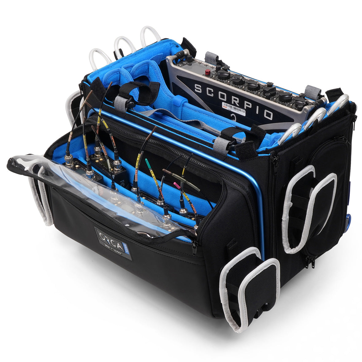 OR-334 audio mixer bag with transparent front window, blue lining, and mounted mixer controls