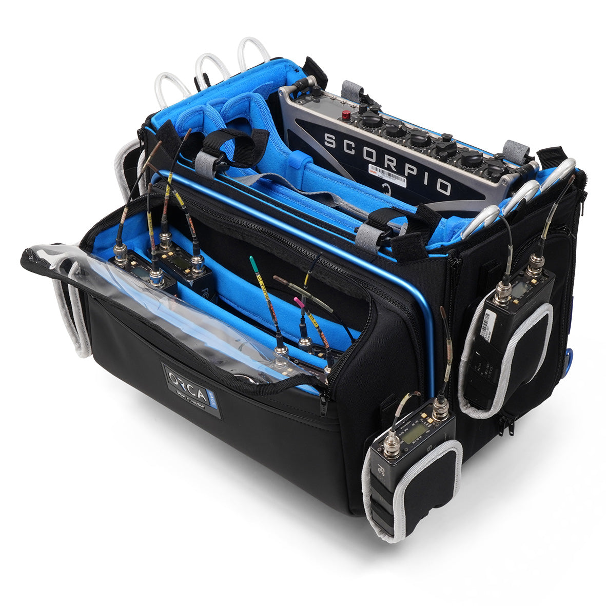 OR-334 audio mixer bag, black exterior with blue interior, multiple front and side pockets