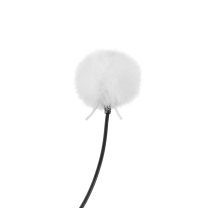 Outdoor mic kit microphone with white fluffy windscreen and three-prong mount