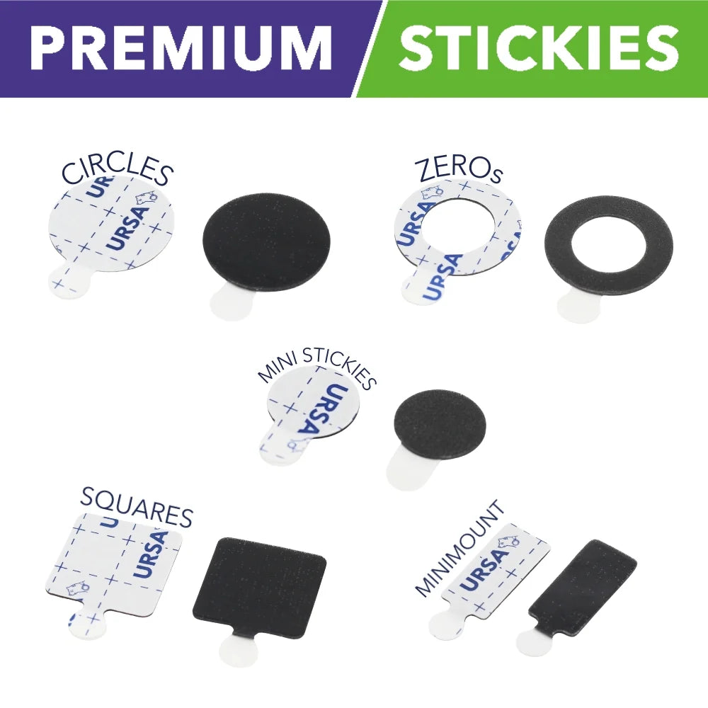 Mini sticky adhesive pads in round shapes, including black and gray felt circles