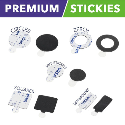Mini sticky adhesive pads in round shapes, including black and gray felt circles