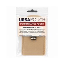 Beige pouch with label on clear blister pack.