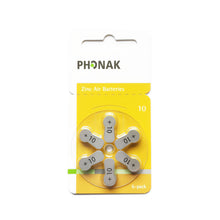 Phonak size 10 zinc air batteries, 6-pack blister with 6 round cells