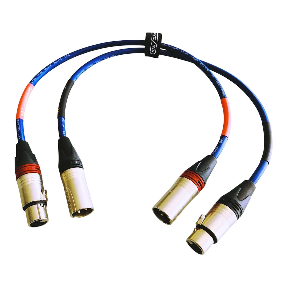 Blue audio adapter cable: two XLR3 female to one XLR5 male, with black connectors