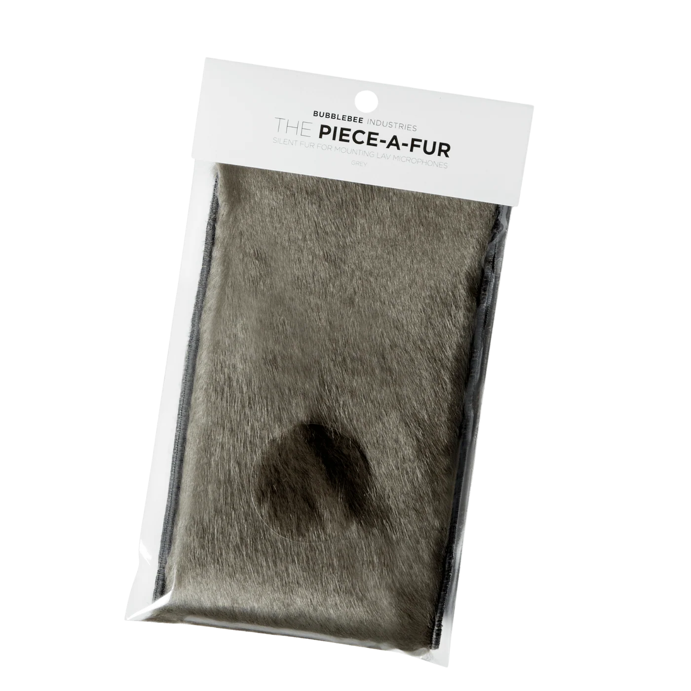 Grey faux fur patch with adhesive backing and round cutout for mounting