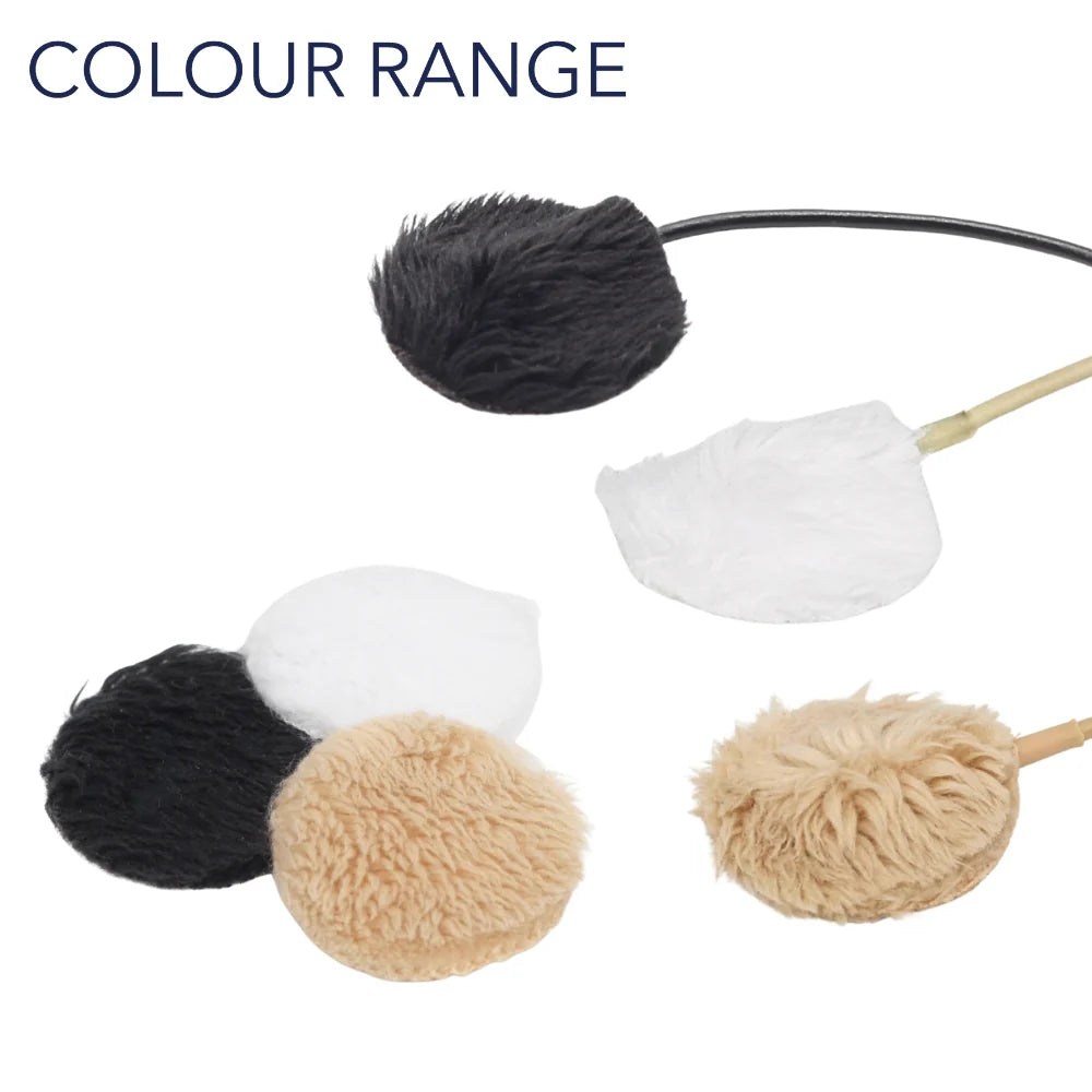 Assorted plush circle short-fur wind protectors on sticks, black and beige tones
