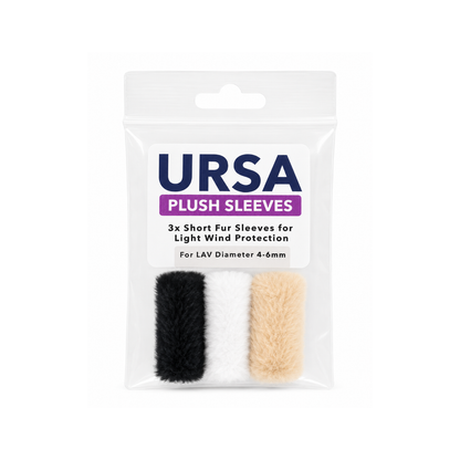 Set of plush fur sleeves for microphone wind protection, black, white, and beige
