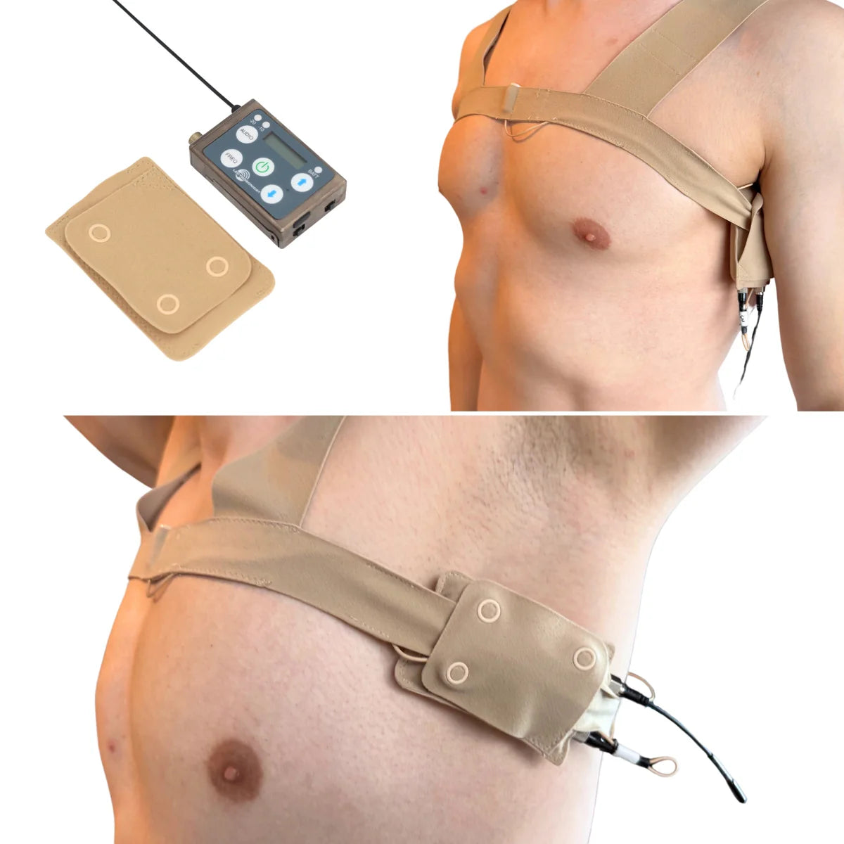Beige webbing-strap snap pouch with metal snaps and attached cord, worn at side