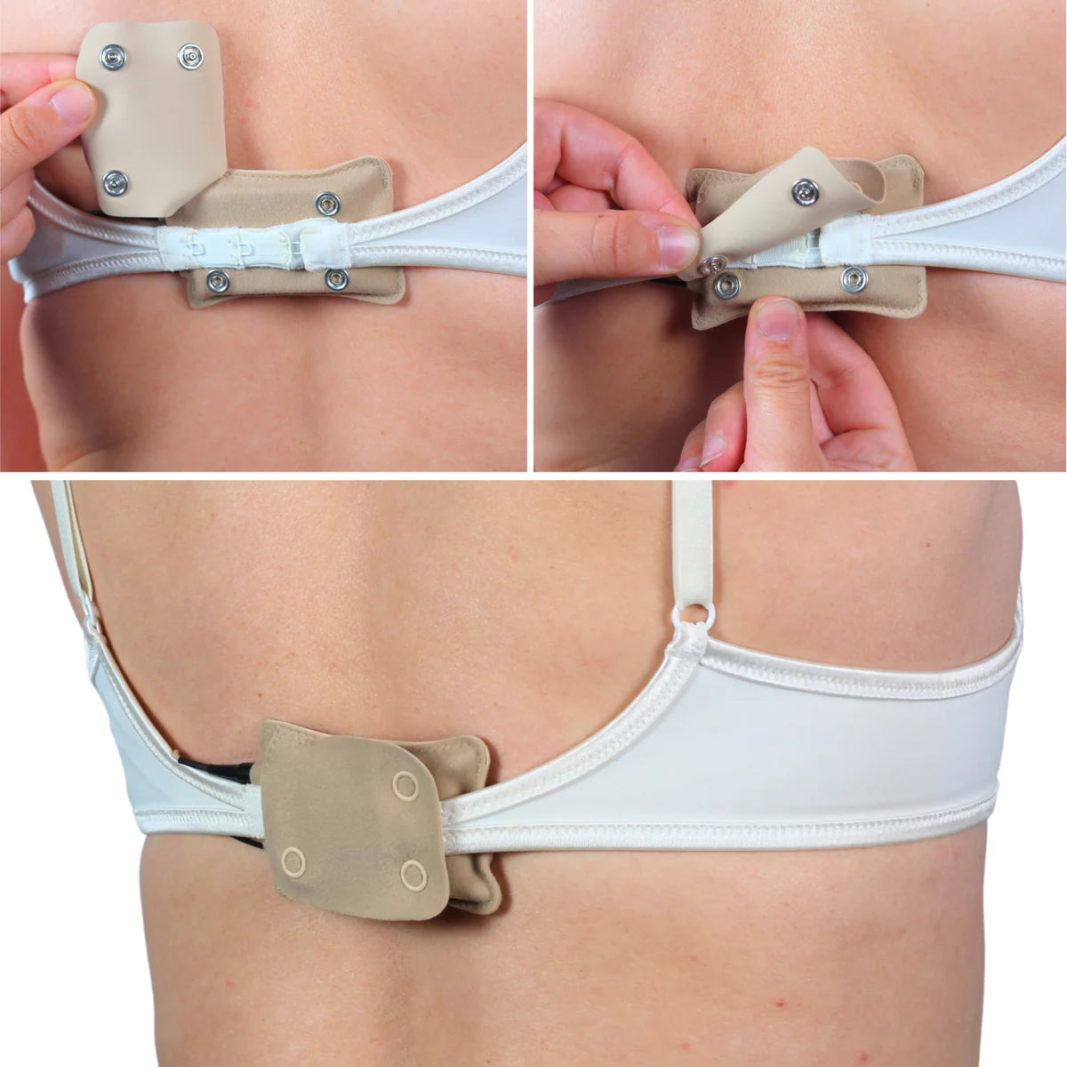 Beige popper pouch attached with metal snaps to a white elastic strap