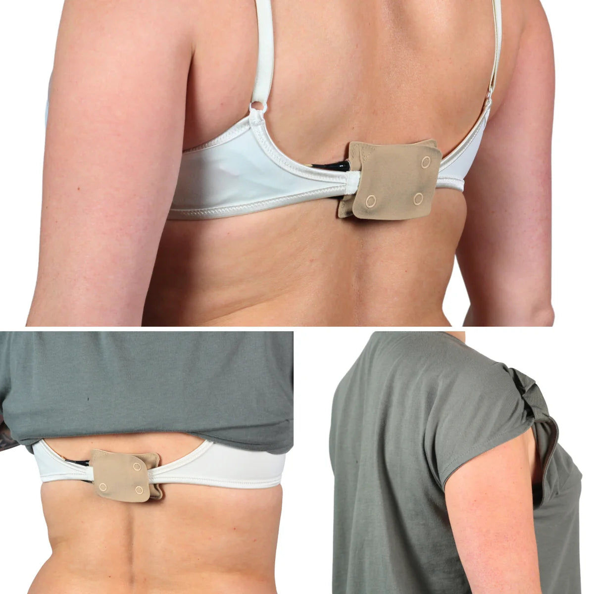 Beige popper pouch with snap closure attached across a light lingerie strap