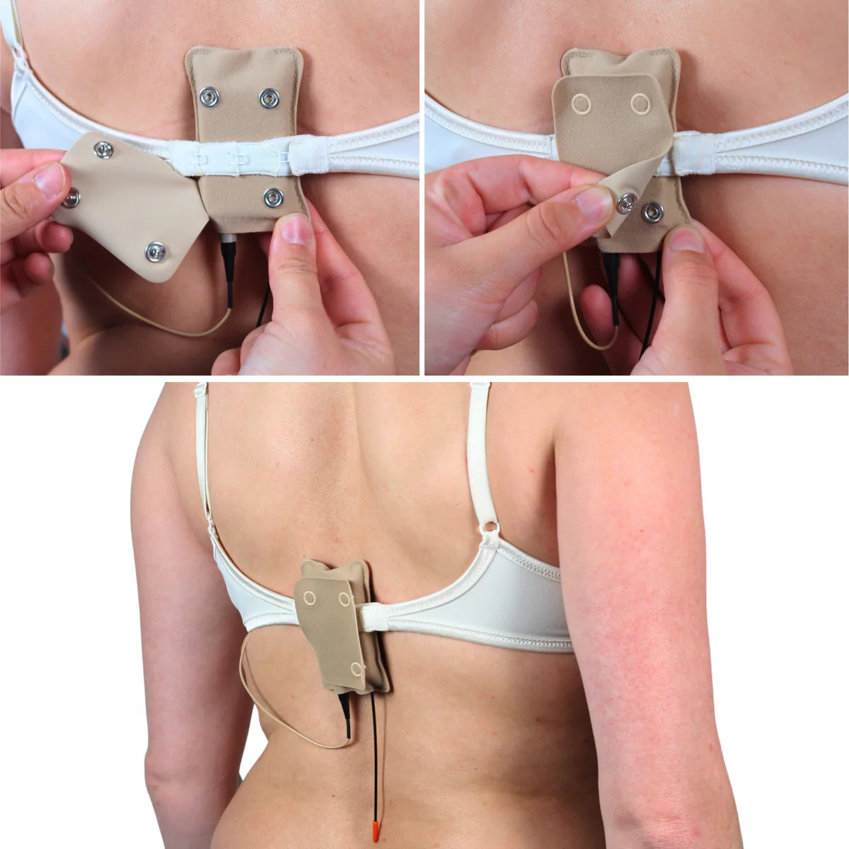 Beige popper pouch with snap buttons on a white elastic lingerie strap