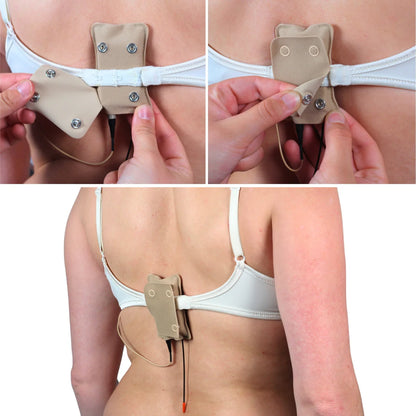Beige popper pouch with snap buttons on a white elastic lingerie strap