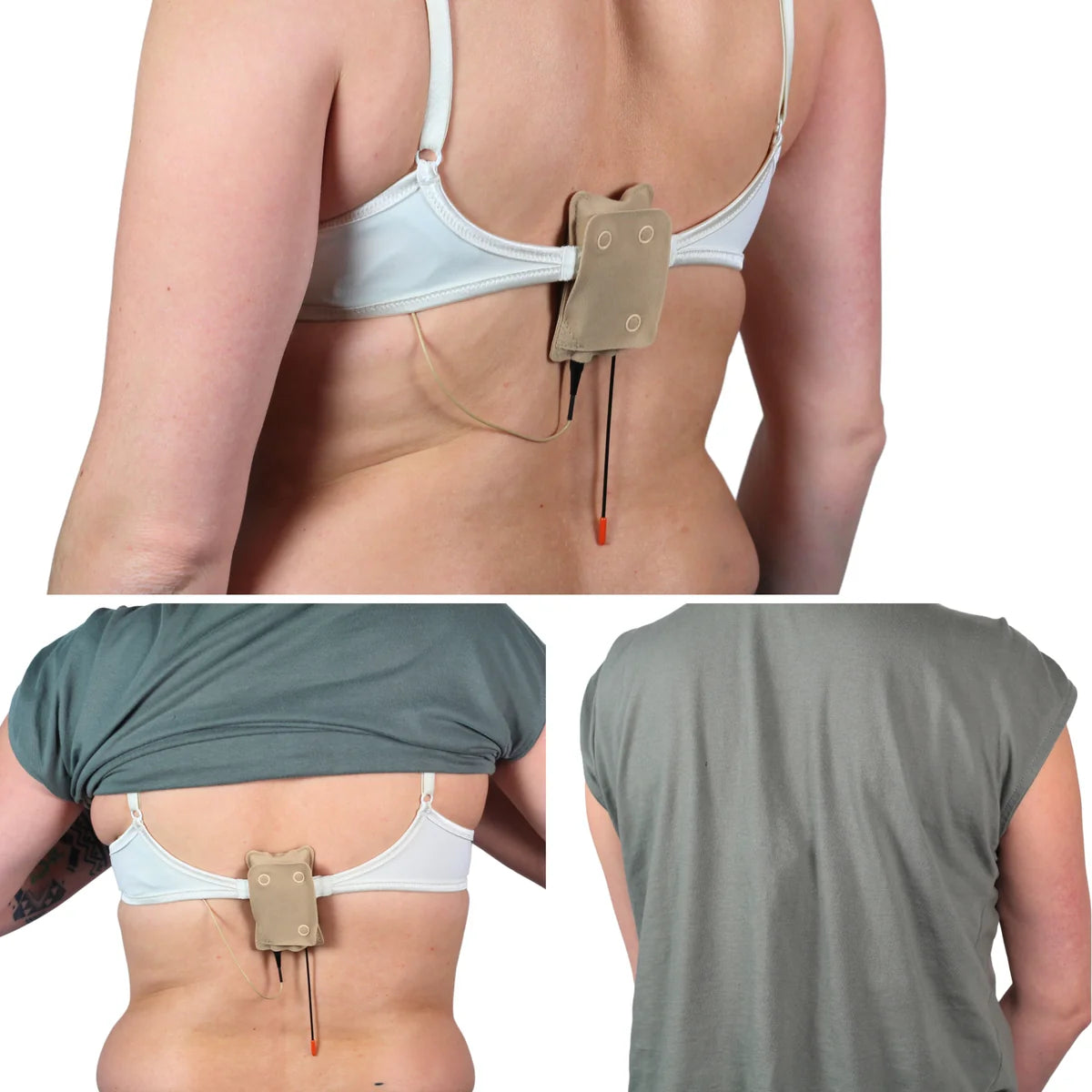 Beige popper pouch worn on light lingerie with snap-front closure