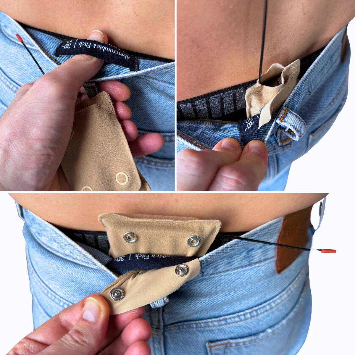 Beige popper pouch shown being opened and snapped onto a denim waistband