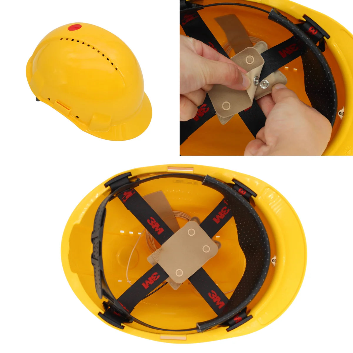 Beige popper pouch in a helmet mount, held by snap buttons