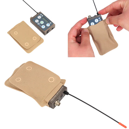Beige popper pouch with snap buttons shown attaching to a small electronic device