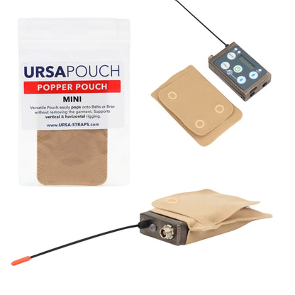 Beige mini snap pouch with circular snap panels and black cord loop