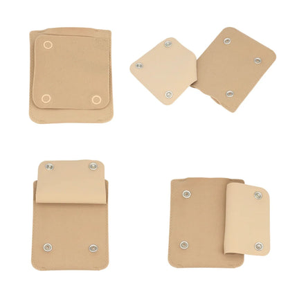 Beige mini snap pouch with reinforced panels and metal snap buttons, front and back views