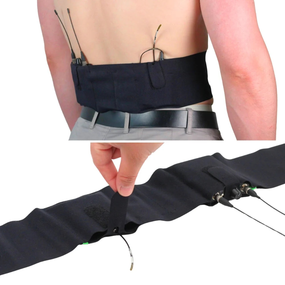 Black double pouch waist strap worn at the waist with cable pass-through
