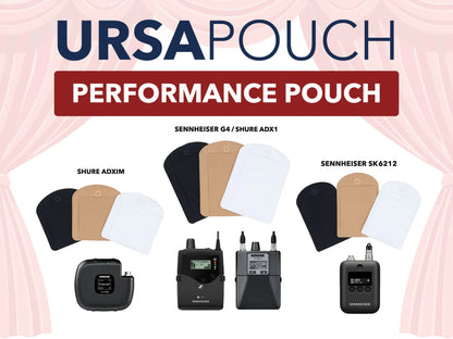 Performance pouch assortment showing black, tan, and white pouches