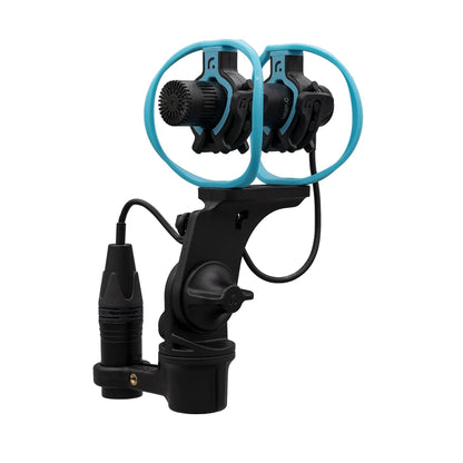 Shock mount assembly with dual microphone holders and blue circular frames