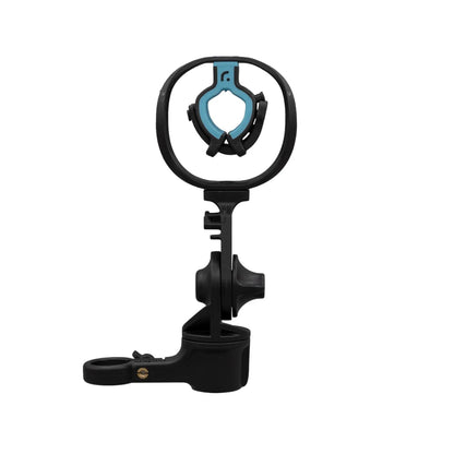 Black shock mount with circular frame and blue inner shock isolators
