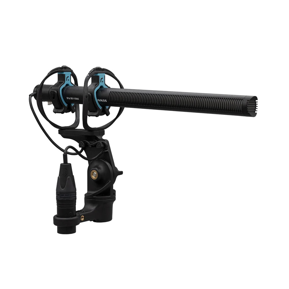 Black microphone shock mount with two blue suspension rings and extended barrel