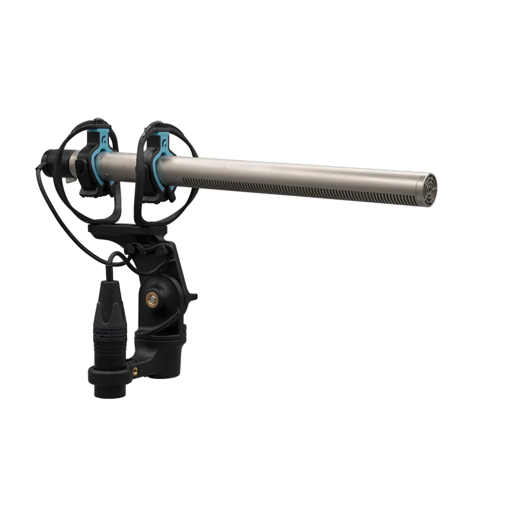 Black microphone shock mount with two blue suspension rings and long handle