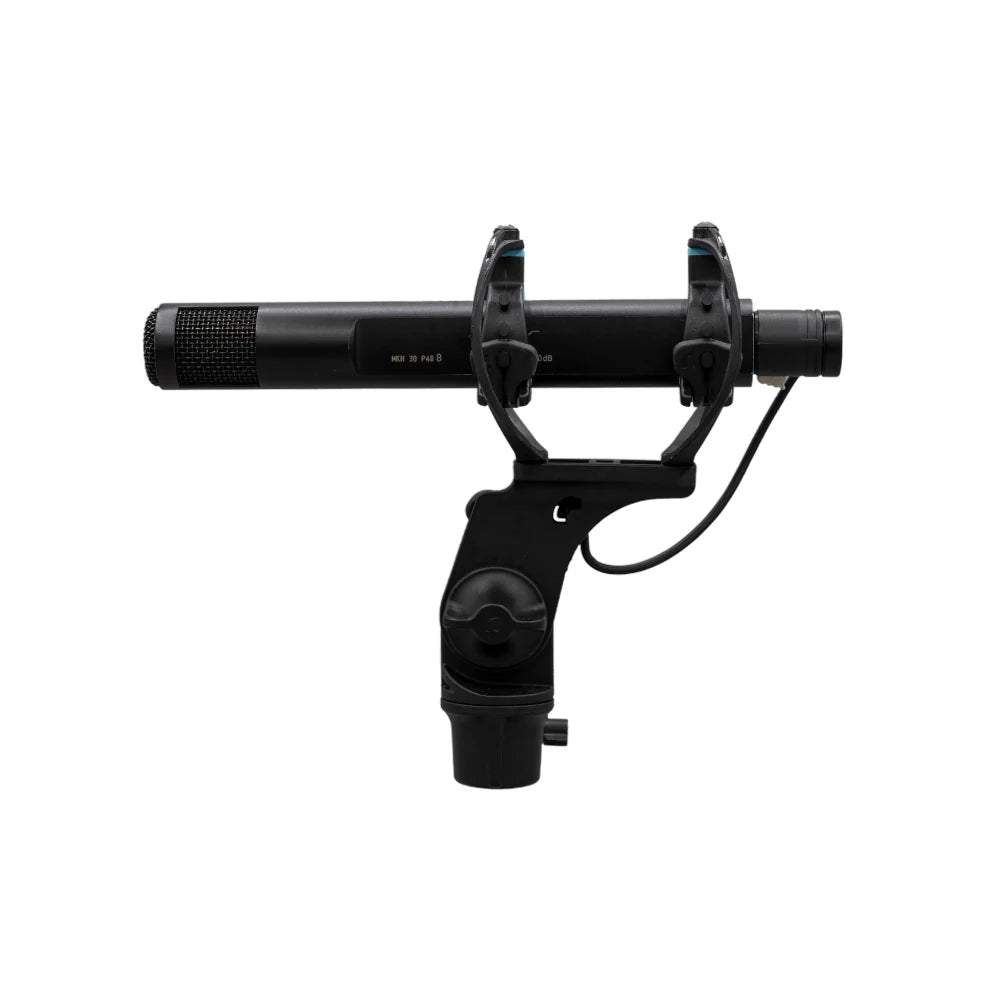 Black microphone shock mount with two side clamps and cable hanger