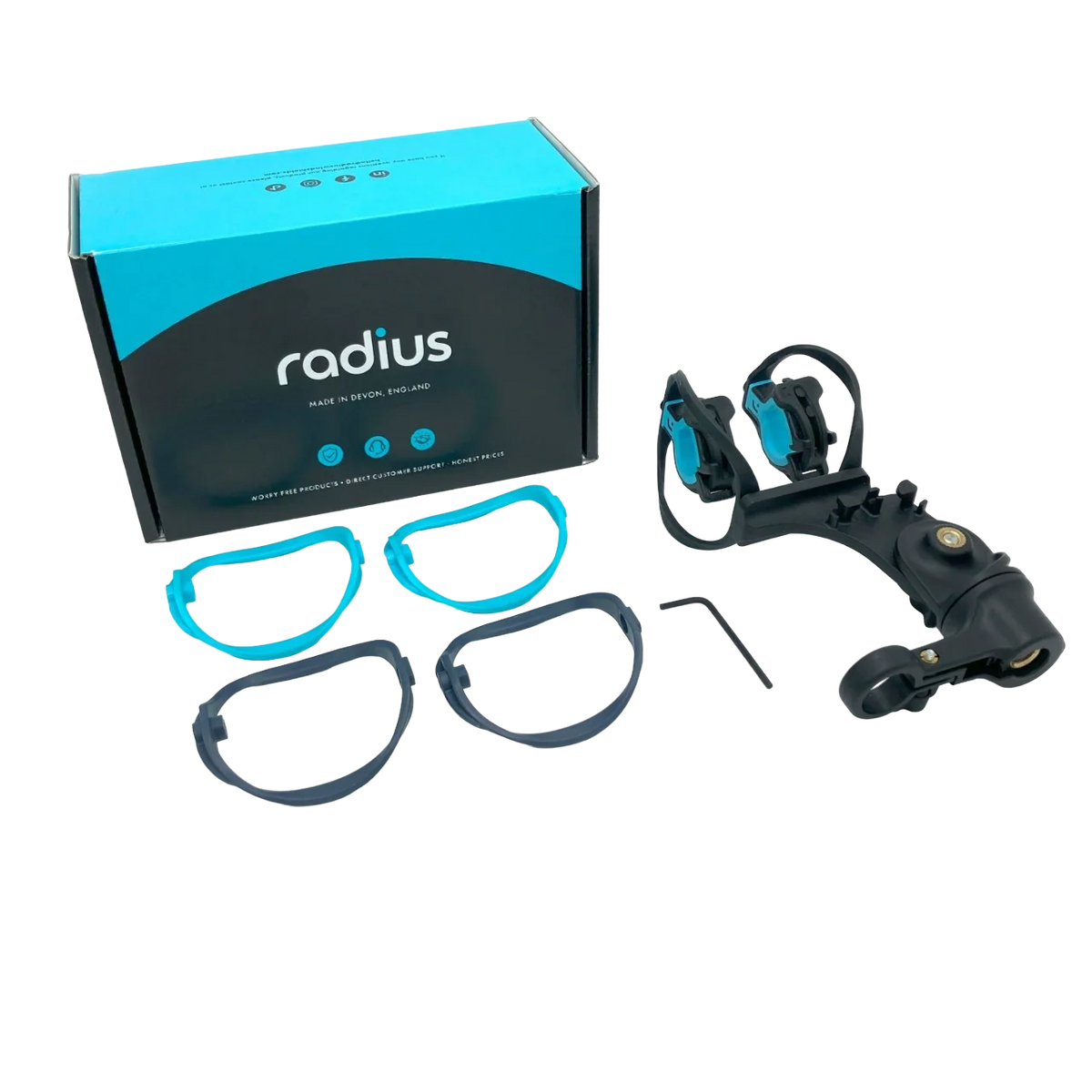RAD-2 shock mount kit with blue-and-black rings and mounting accessories in box