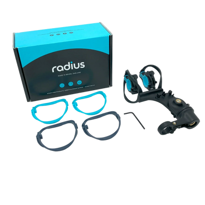 RAD-2 shock mount kit with blue-and-black rings and mounting accessories in box