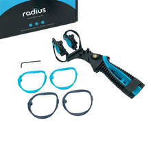 Pistol-grip shock mount handle with spare mounting bands and teal shock cups